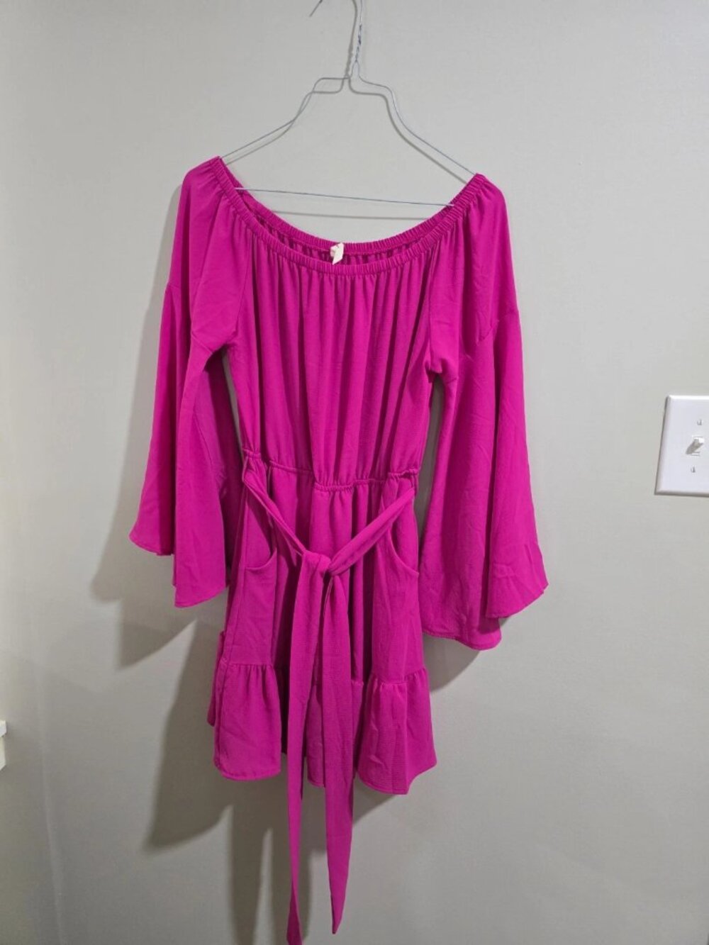 Pink Tiered Short Dress Med Preppy Bell Sleeves Belt Pockets Pullover Part